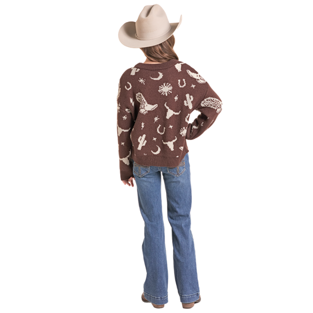 Rock & Roll Youth Girl's Western Print Chocolate Knit Sweater BG32T09414