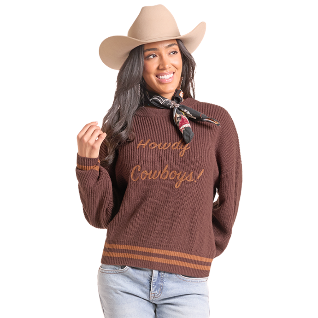 Rock & Roll Denim Ladies Java Brown 'Howdy Cowboys' Sweater BW32T09378