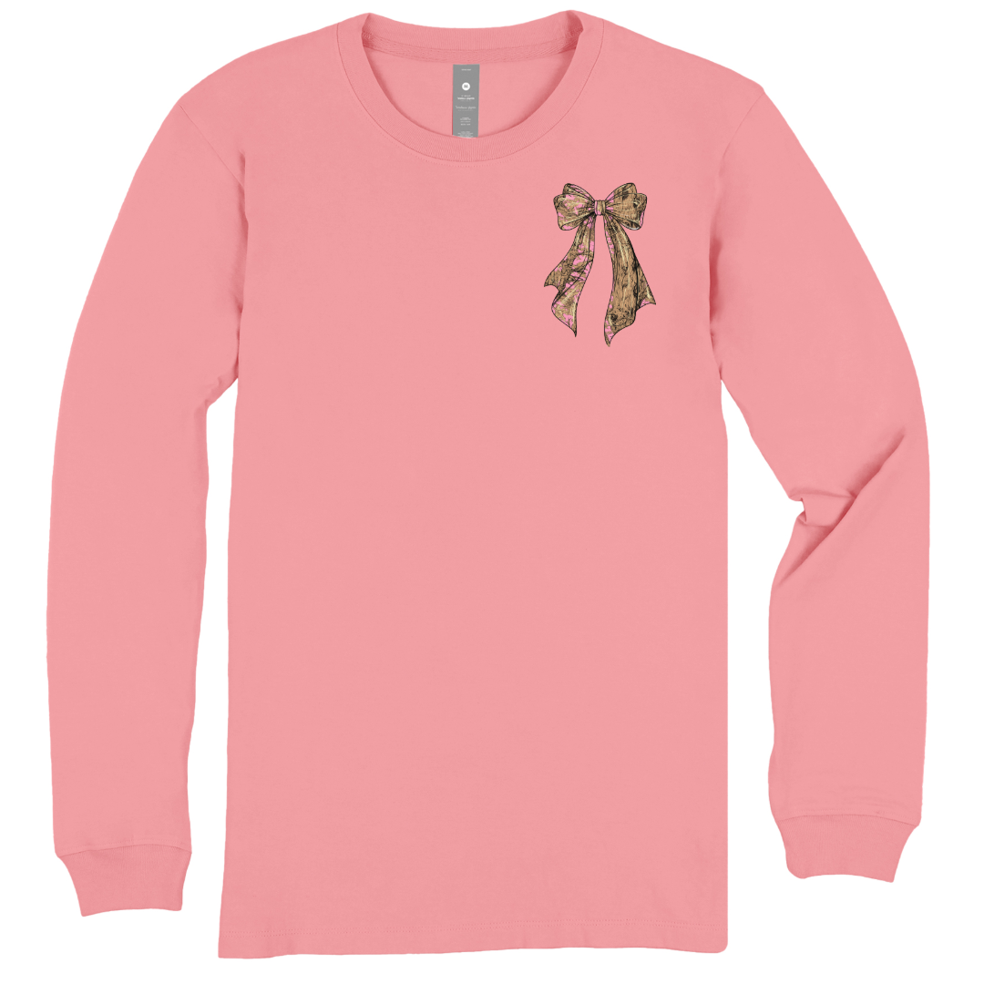 Simply Southern Ladies Tearose Tree Camo Bow T-Shirt LS-TREECAMO-TEAROSE