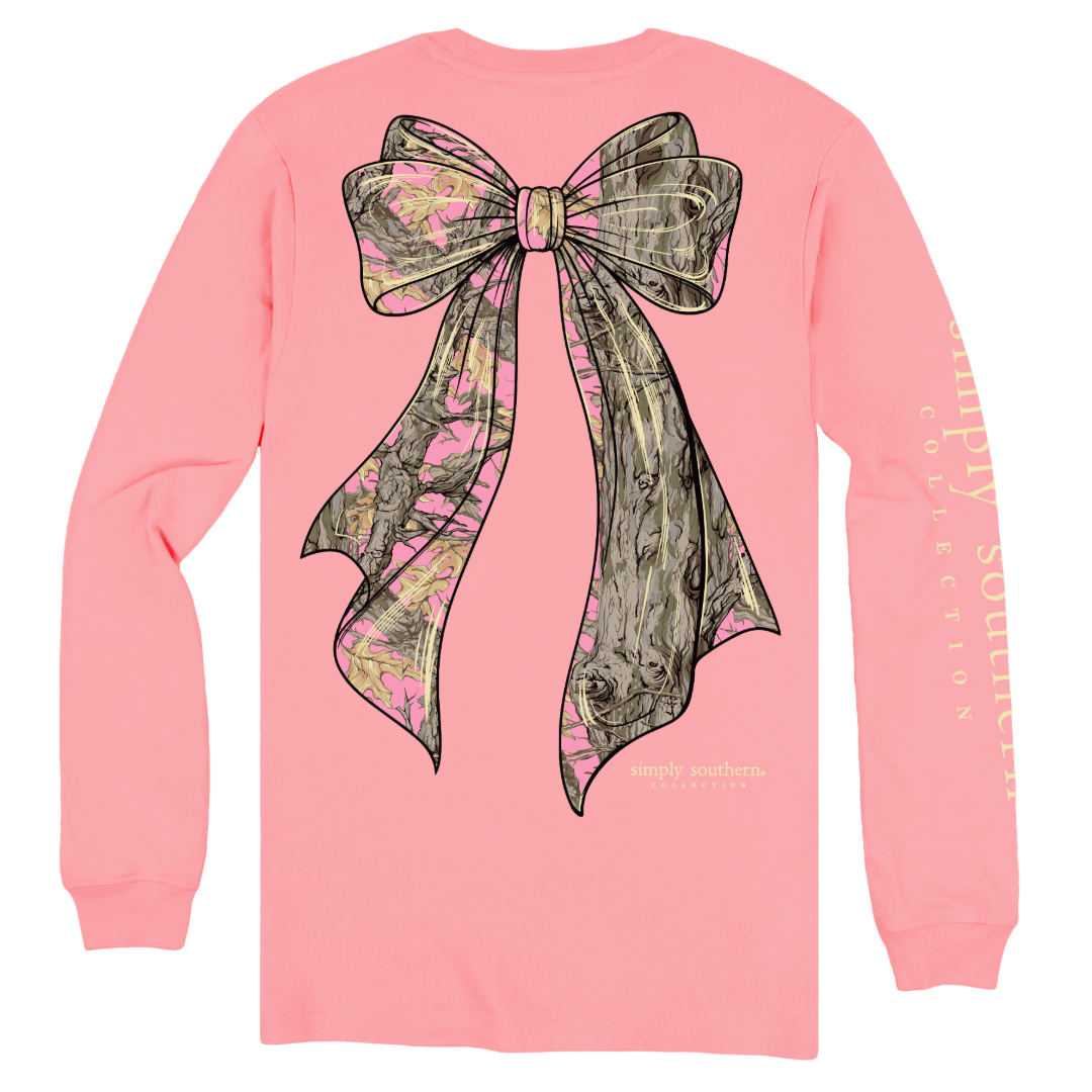 Simply Southern Ladies Tearose Tree Camo Bow T-Shirt LS-TREECAMO-TEAROSE