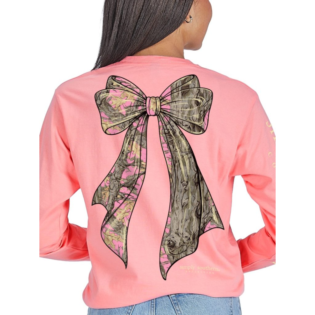Simply Southern Ladies Tearose Tree Camo Bow T-Shirt LS-TREECAMO-TEAROSE