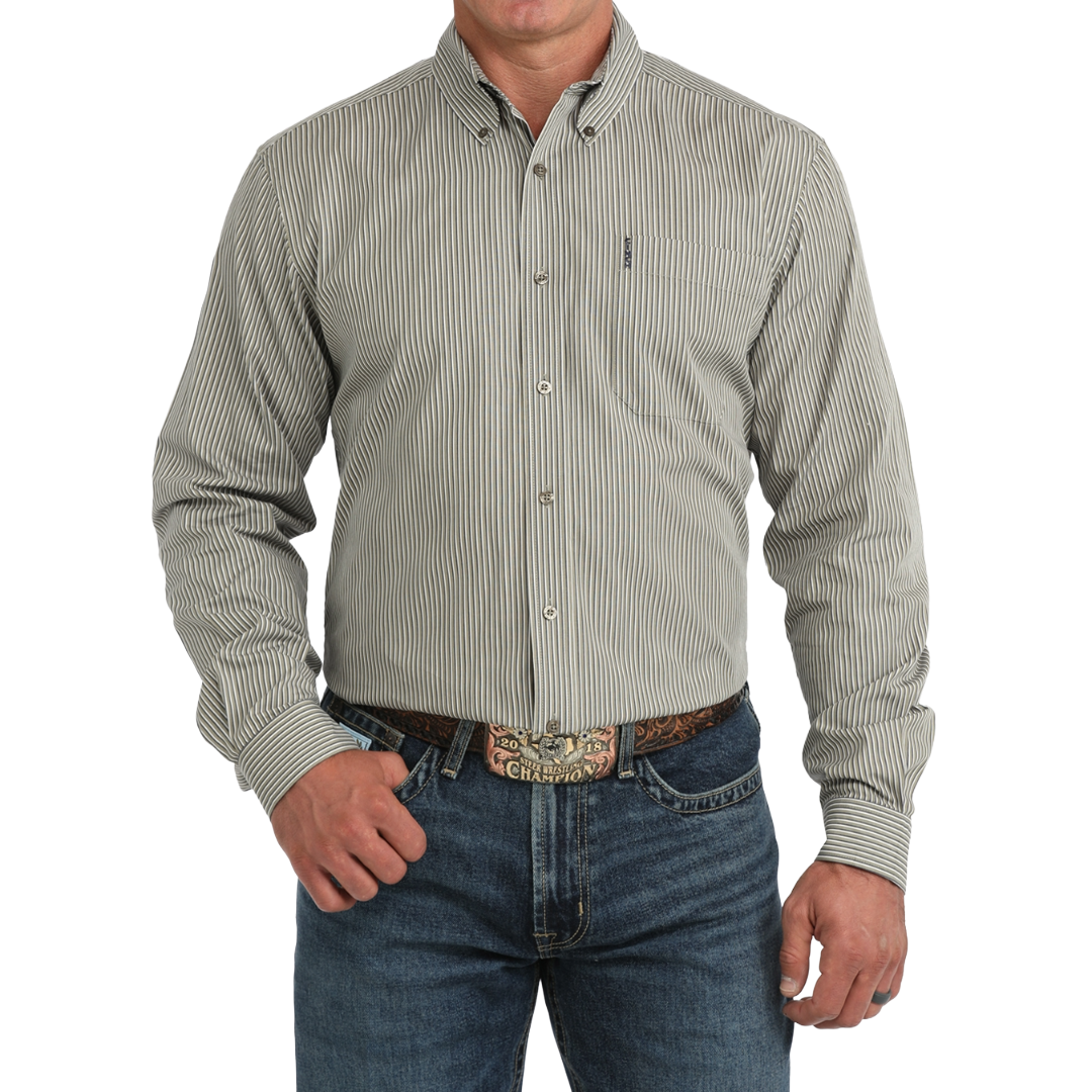 Cinch Men's Olive Green Striped Modern Fit Button Down Shirt MTW1347162