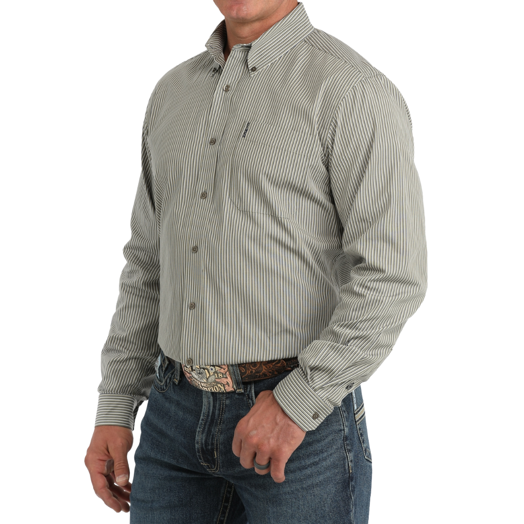 Cinch Men's Olive Green Striped Modern Fit Button Down Shirt MTW1347162
