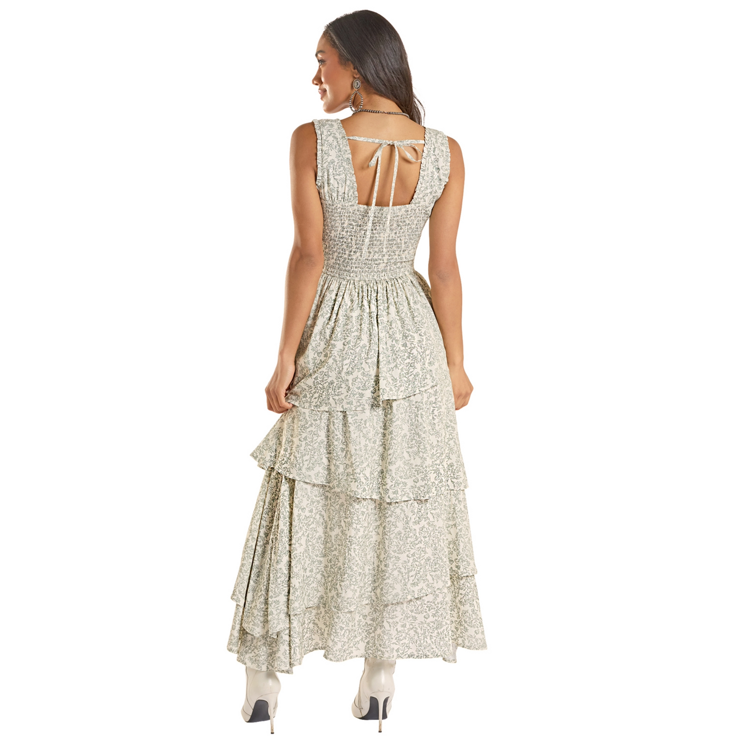 Rock & Roll Denim Ladies Flower Print Jade Green Tiered Dress BWD0R08774