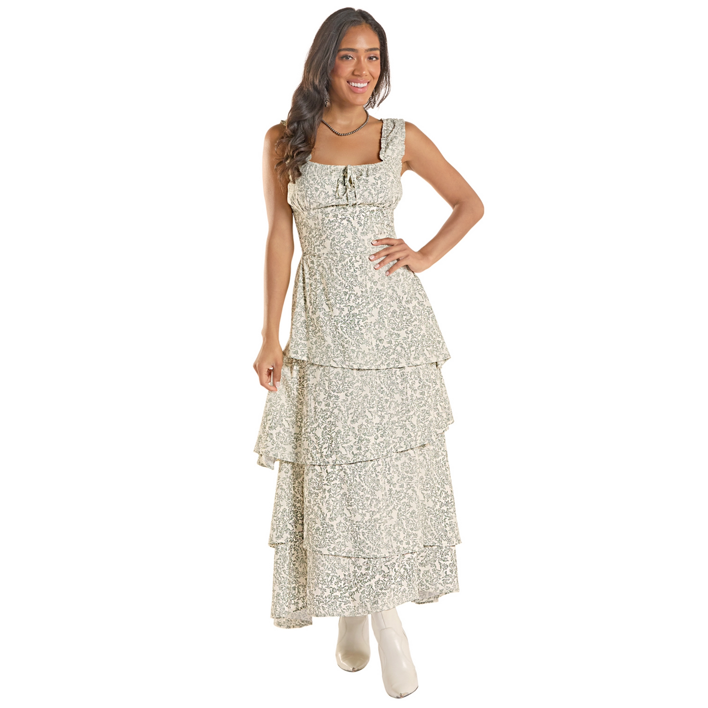 Rock & Roll Denim Ladies Flower Print Jade Green Tiered Dress BWD0R08774