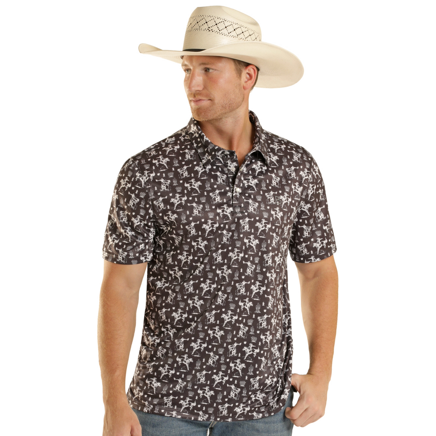 Panhandle Slim Men's Black Western Scene Short Sleeve Polo TM51T09002
