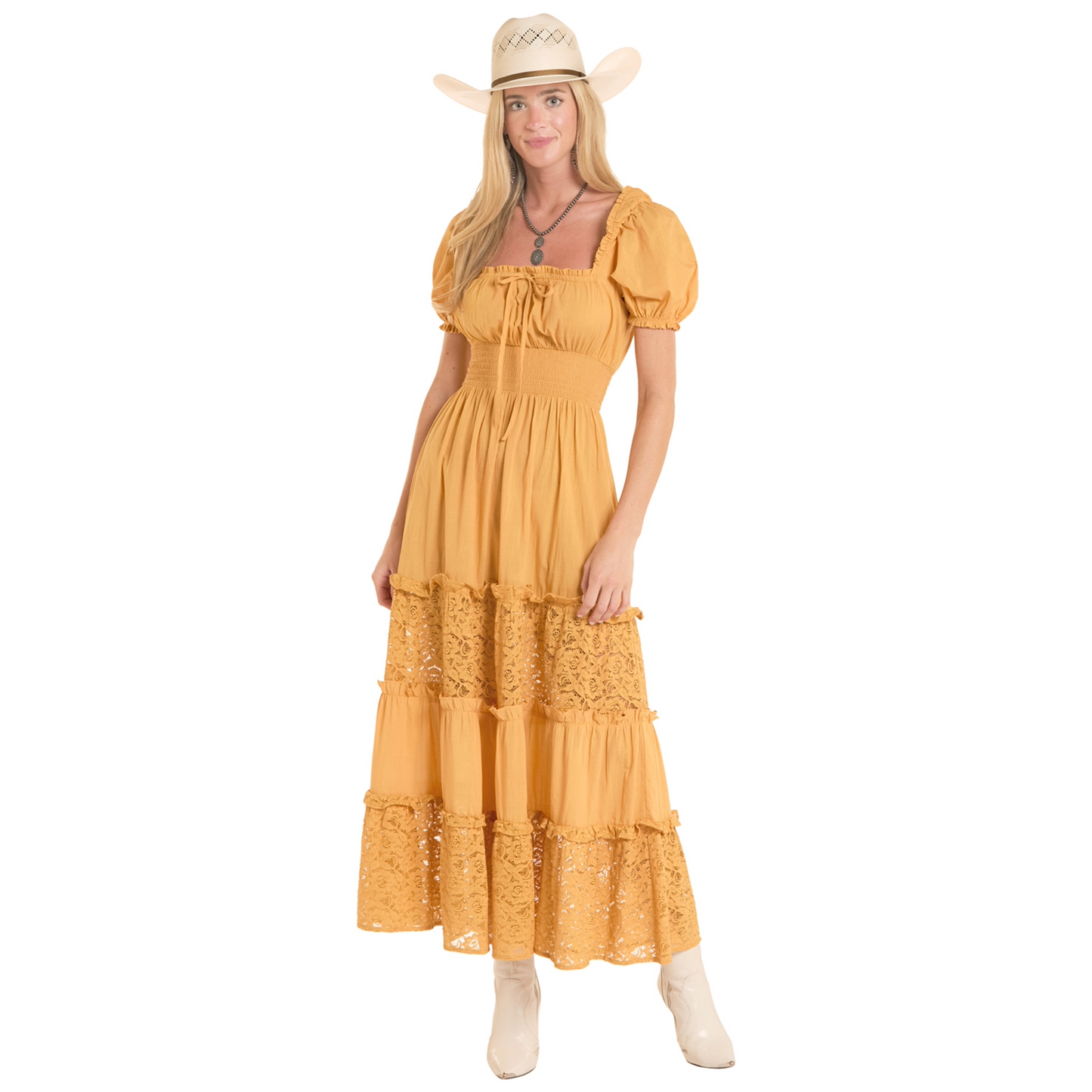 Rock & Roll Denim Ladies Mustard Lace Puff Sleeve Dress LWD1R08858