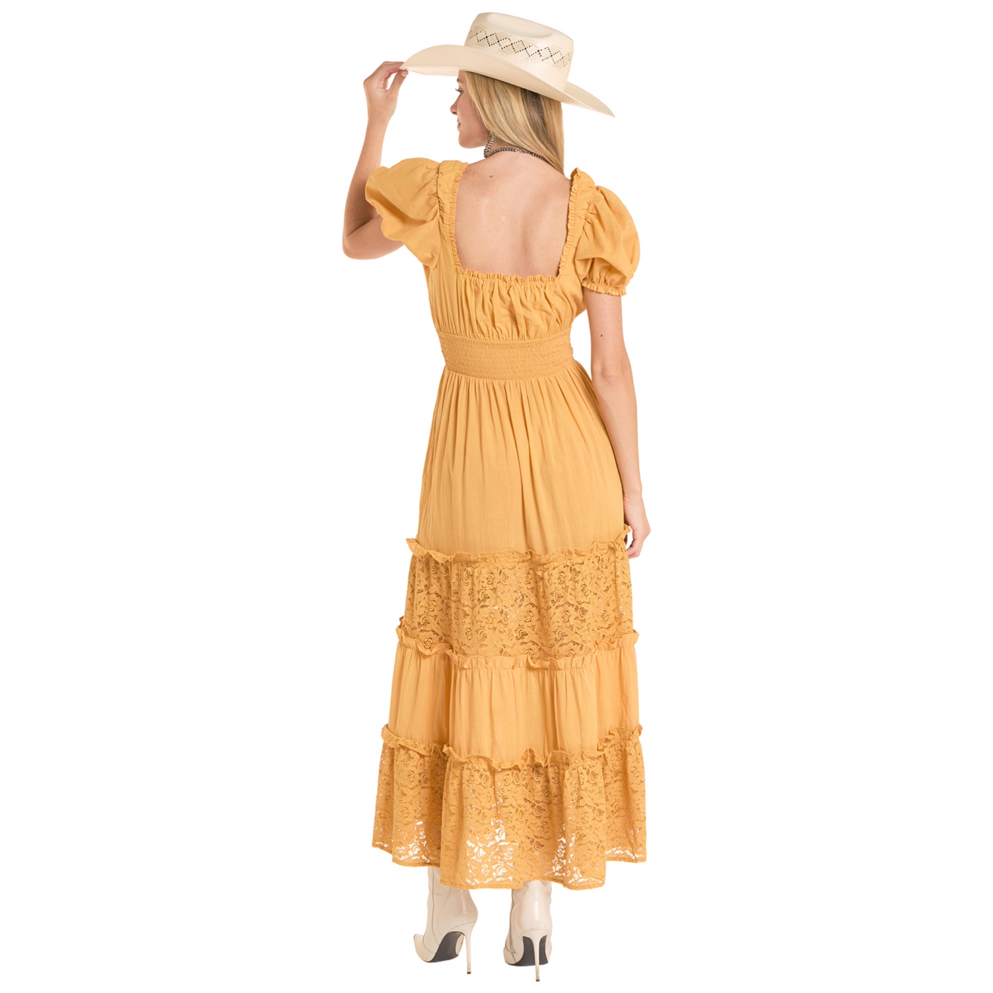 Rock & Roll Denim Ladies Mustard Lace Puff Sleeve Dress LWD1R08858