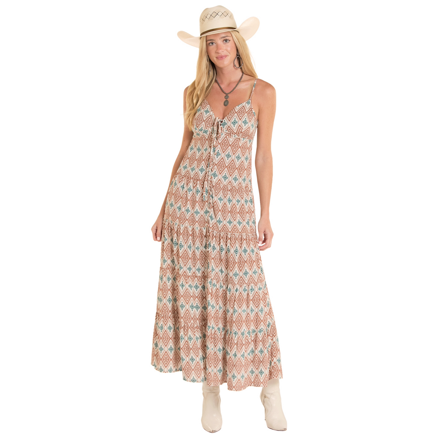 Rock & Roll Denim Ladies Rust Ikat Print Tiered Halter Dress BWD0R08816