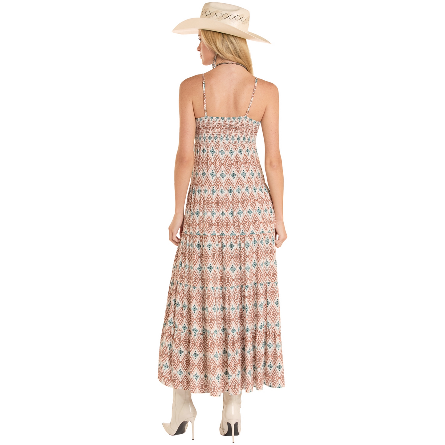 Rock & Roll Denim Ladies Rust Ikat Print Tiered Halter Dress BWD0R08816