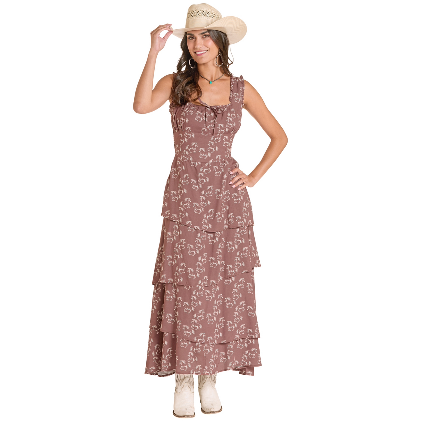 Rock & Roll Denim Ladies Mahogany Horse Print Tiered Dress BWDOR08817