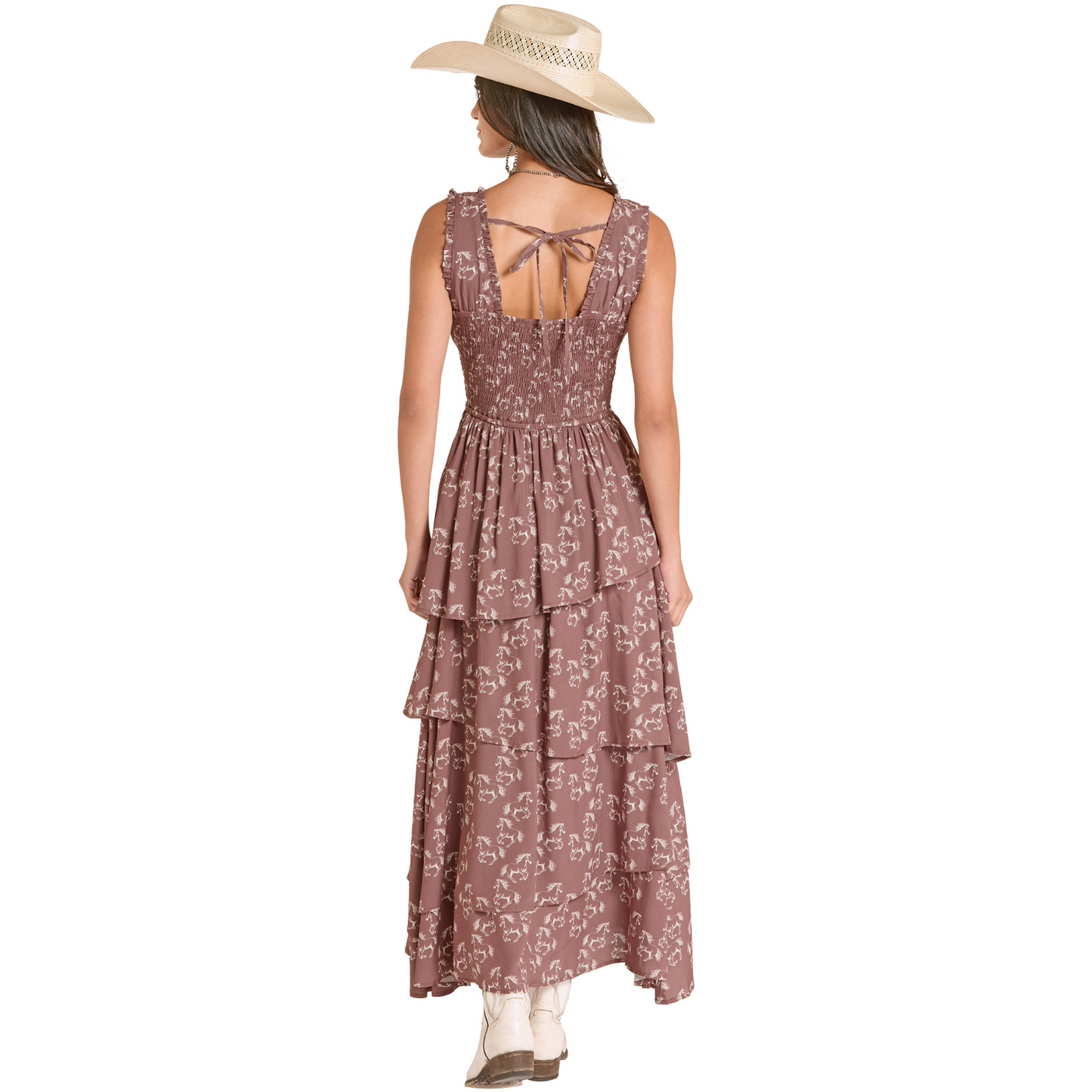 Rock & Roll Denim Ladies Mahogany Horse Print Tiered Dress BWDOR08817