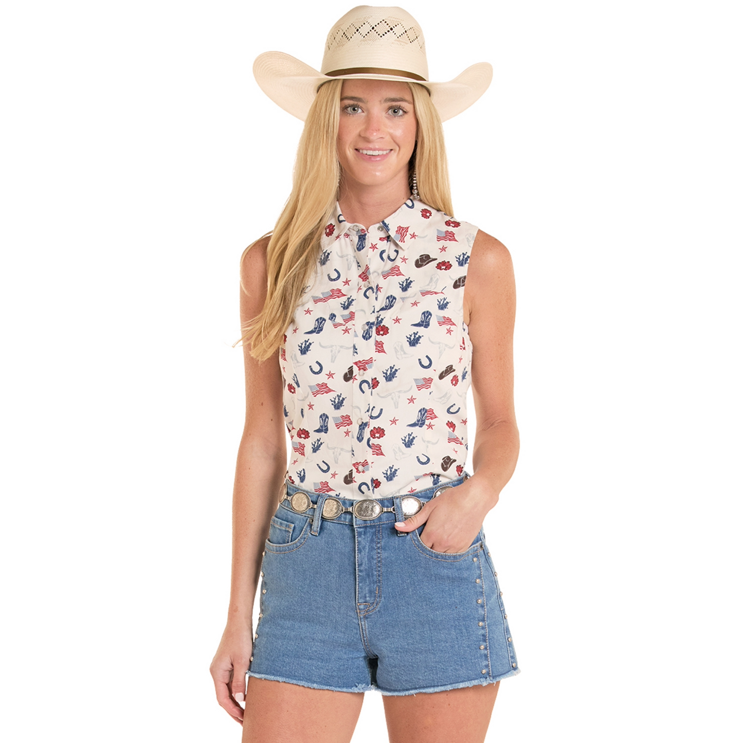 Rock & Roll Denim Ladies Americana Print Snap Shirt BWN0S08784