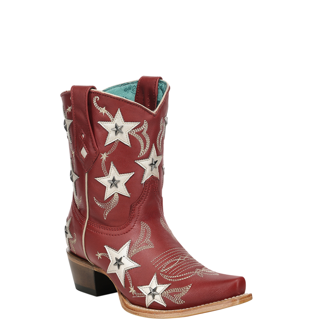 Corral Ladies Red Embroidery & Stars Overlay Leather Ankle Boot Z5543