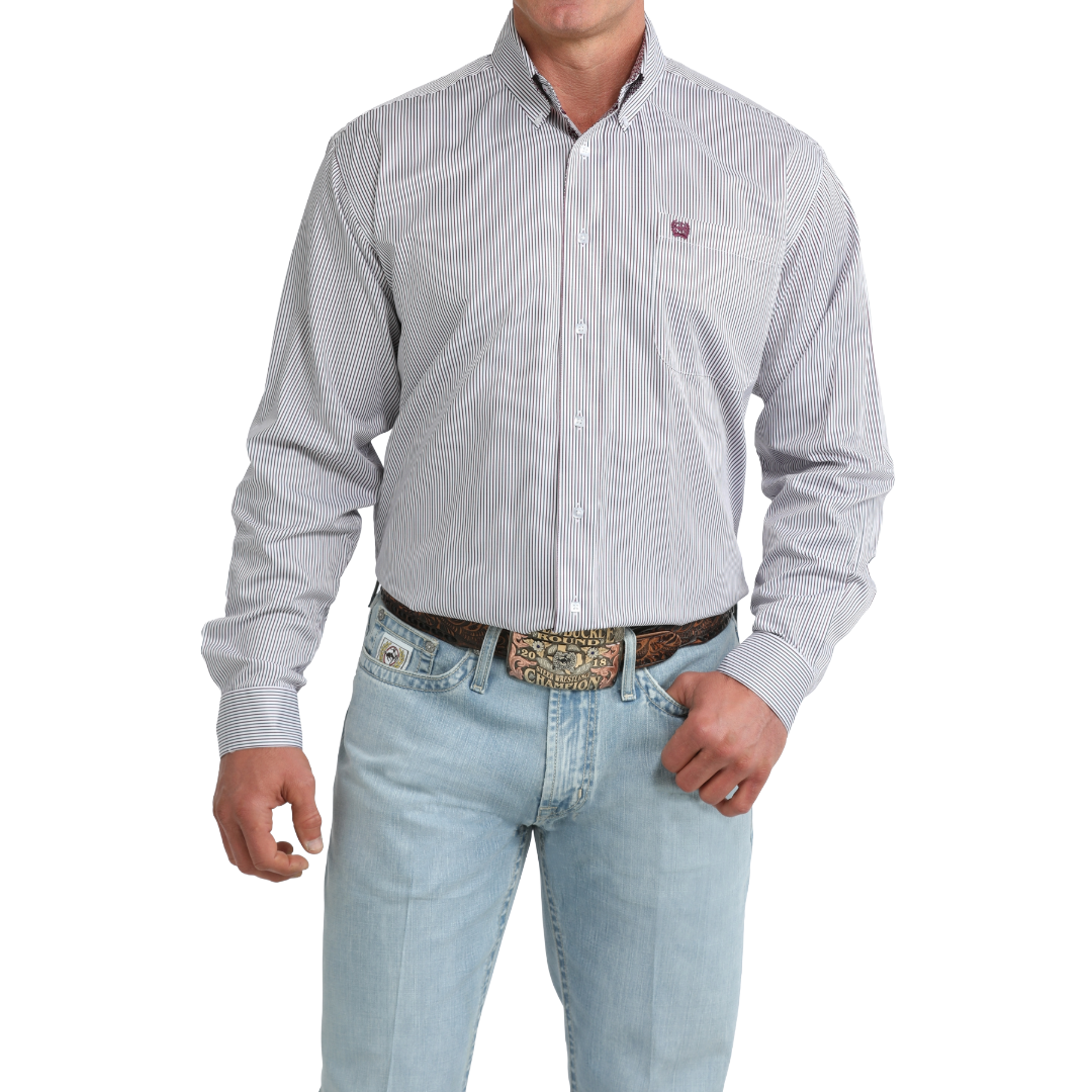 Cinch Men's White Stripe Print Button Down Shirt MTW1106107