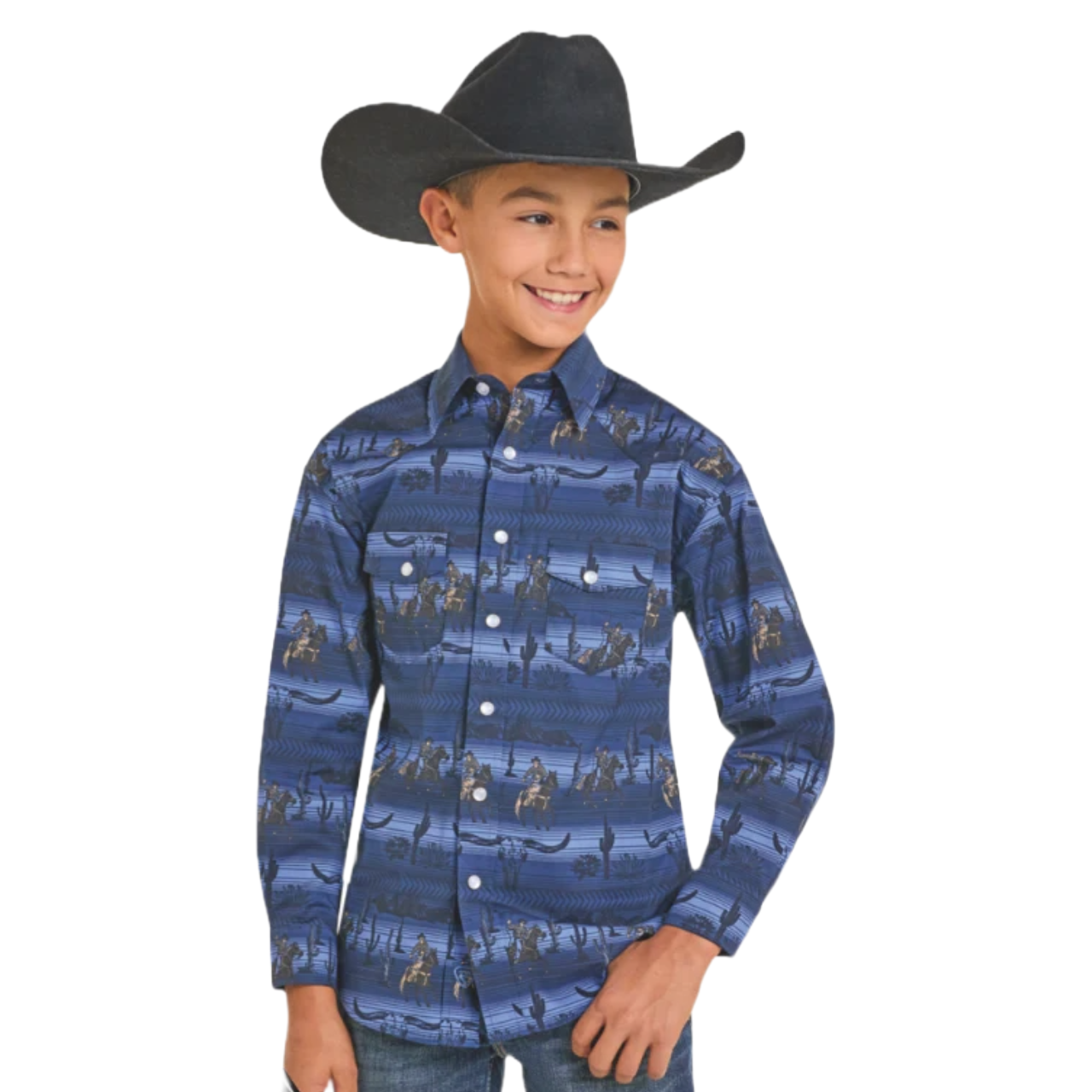 Rock & Roll Youth Boy's Serape Graphic Blue Button Down Shirt BBN2S07135-45