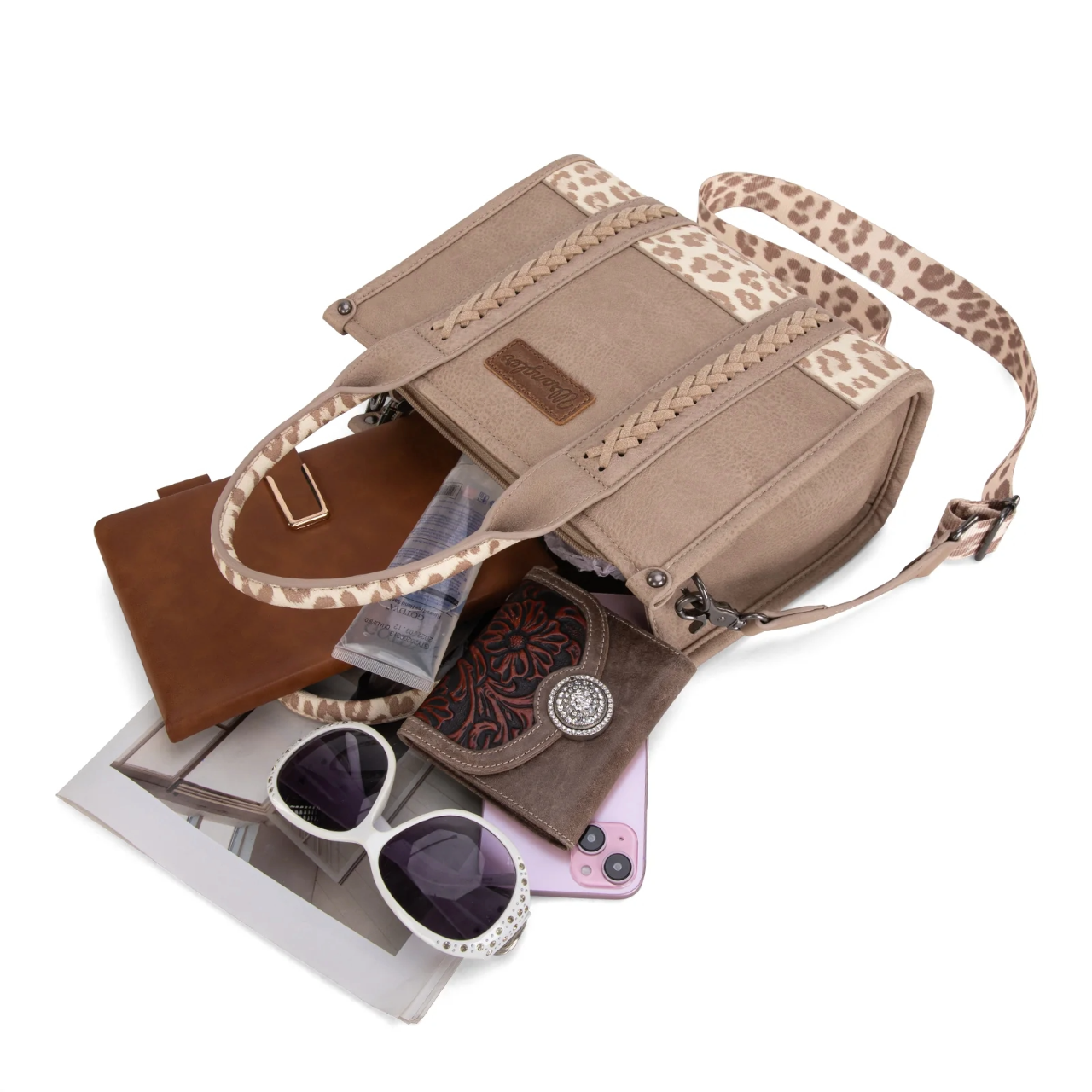 Wrangler Ladies Leopard Printed Leather Tan Concealed Carry Purse WG102-8120STN