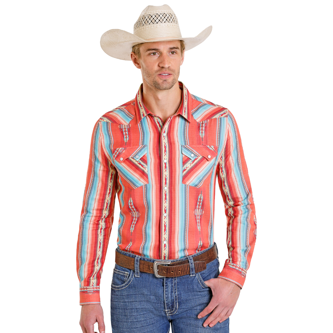 Rock & Roll Cowboy Men's Red Striped Snap Button Shirt PMN2S08155 - Wild West Boot Store
