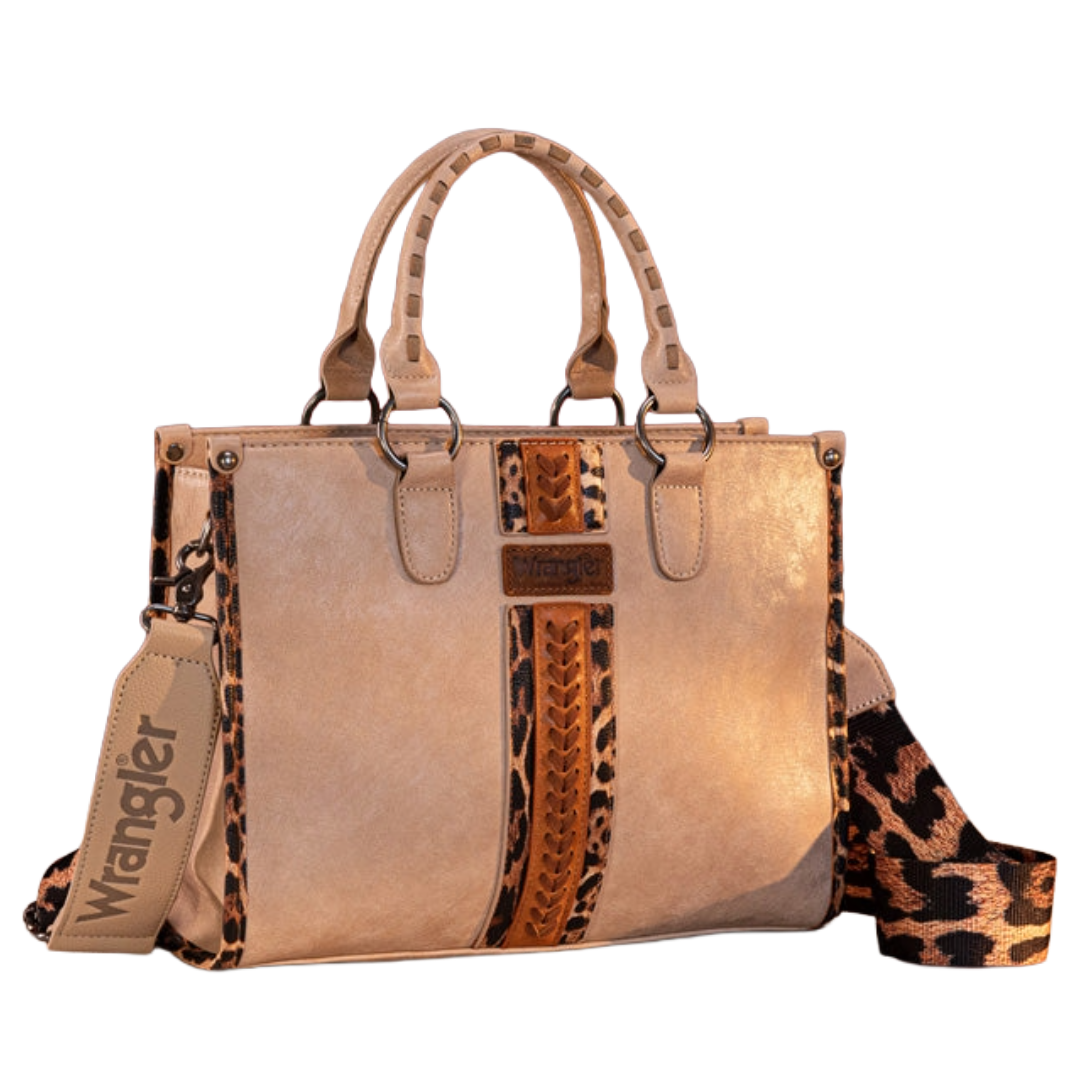 Wrangler Khaki & Leopard Print Whipstitch Crossbody Tote WG83G-8260KH
