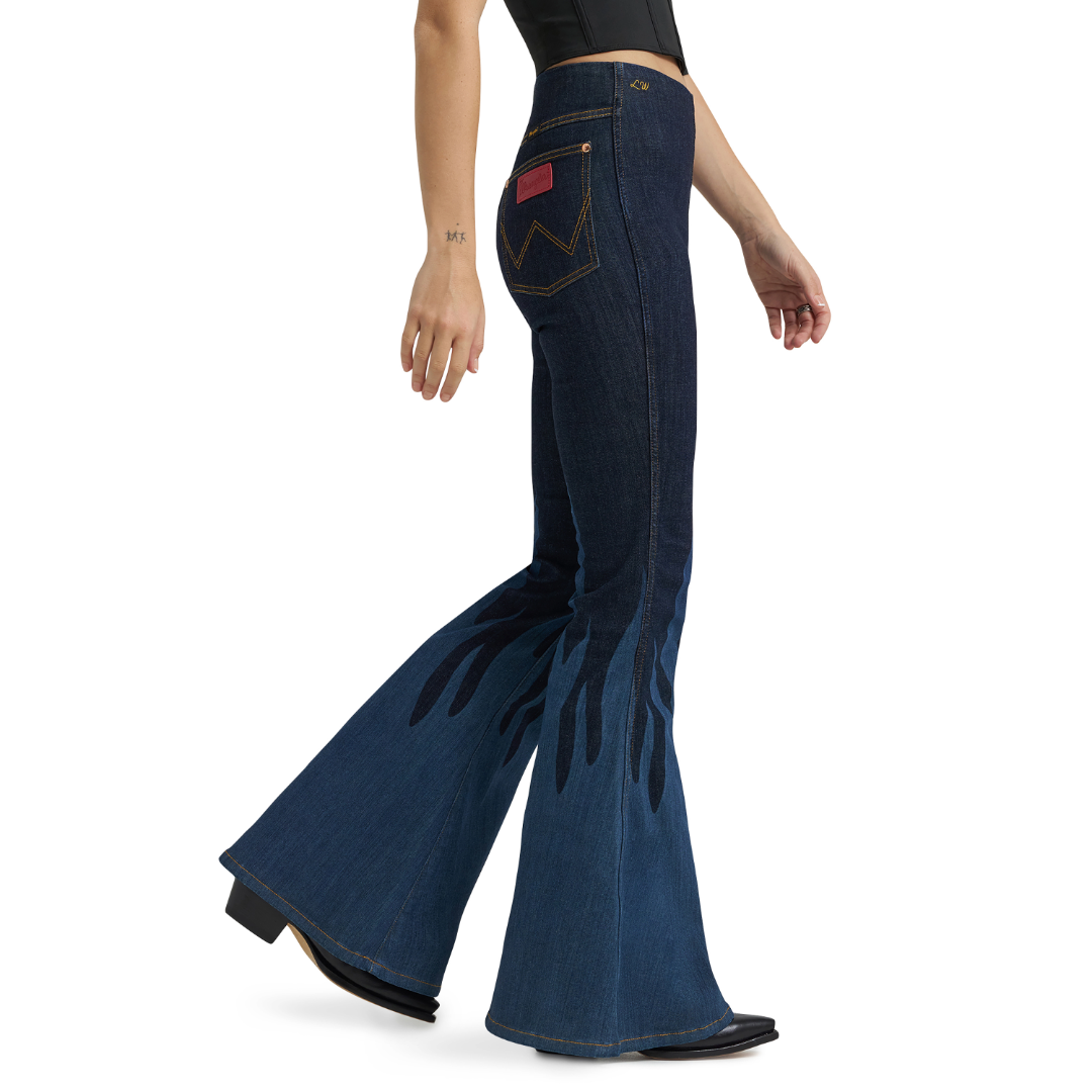 Wrangler X Lainey Wilson Ladies Bell Bottom Flame Dark Denim Jeans 112380486
