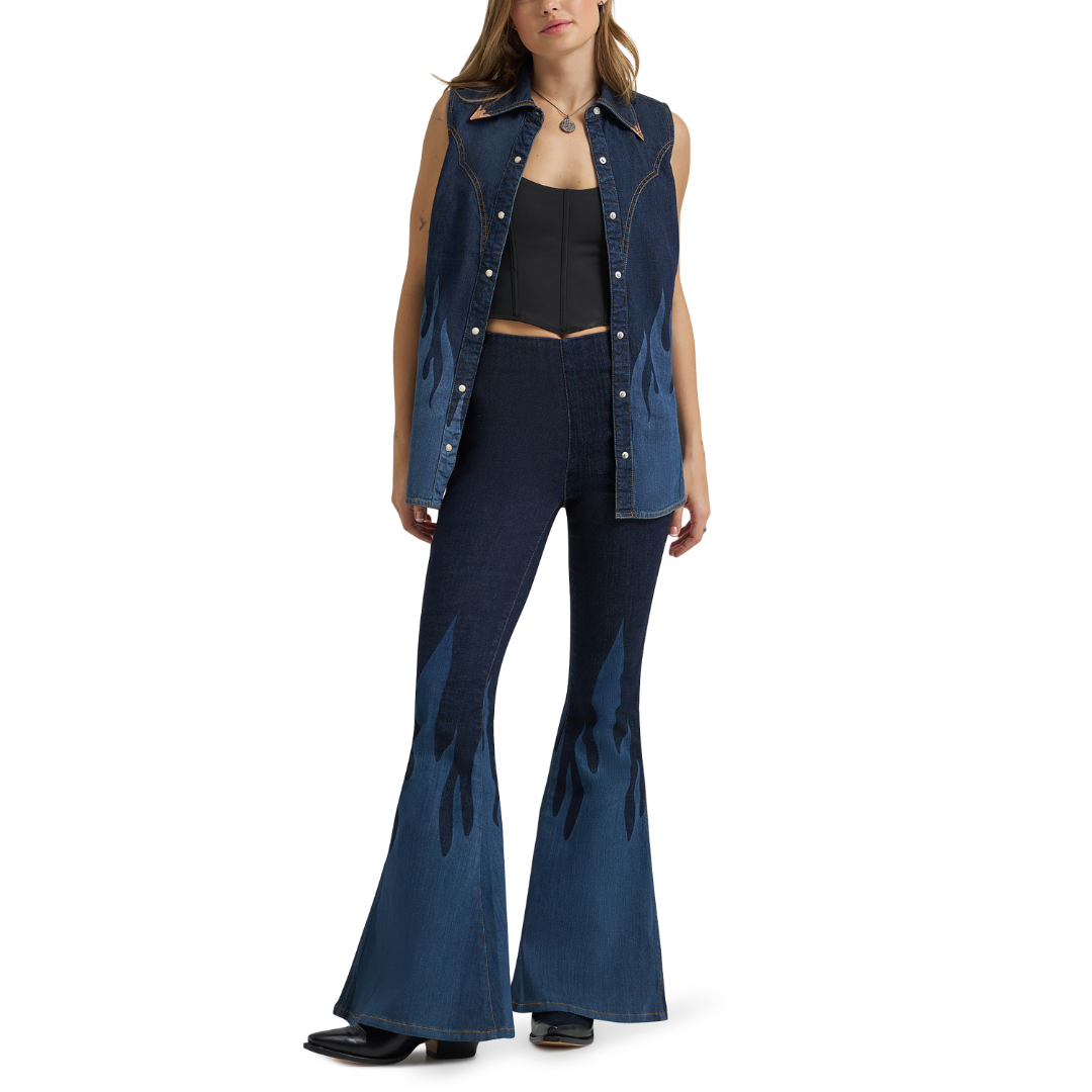 Wrangler X Lainey Wilson Ladies Bell Bottom Flame Dark Denim Jeans 112380486
