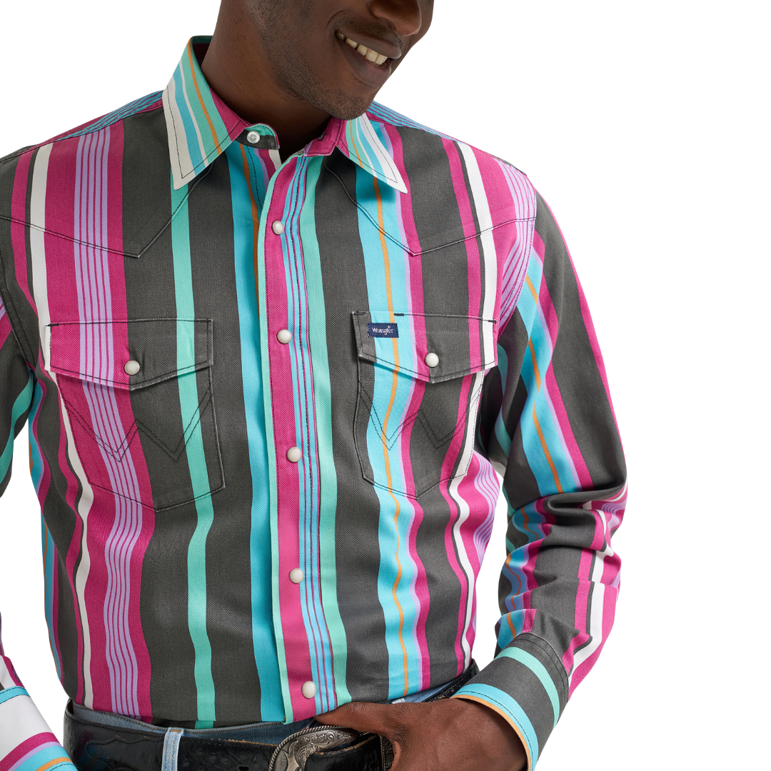 Wrangler Men's Vintage Inspired Blue Multi Stripe Snap Shirt 112379230