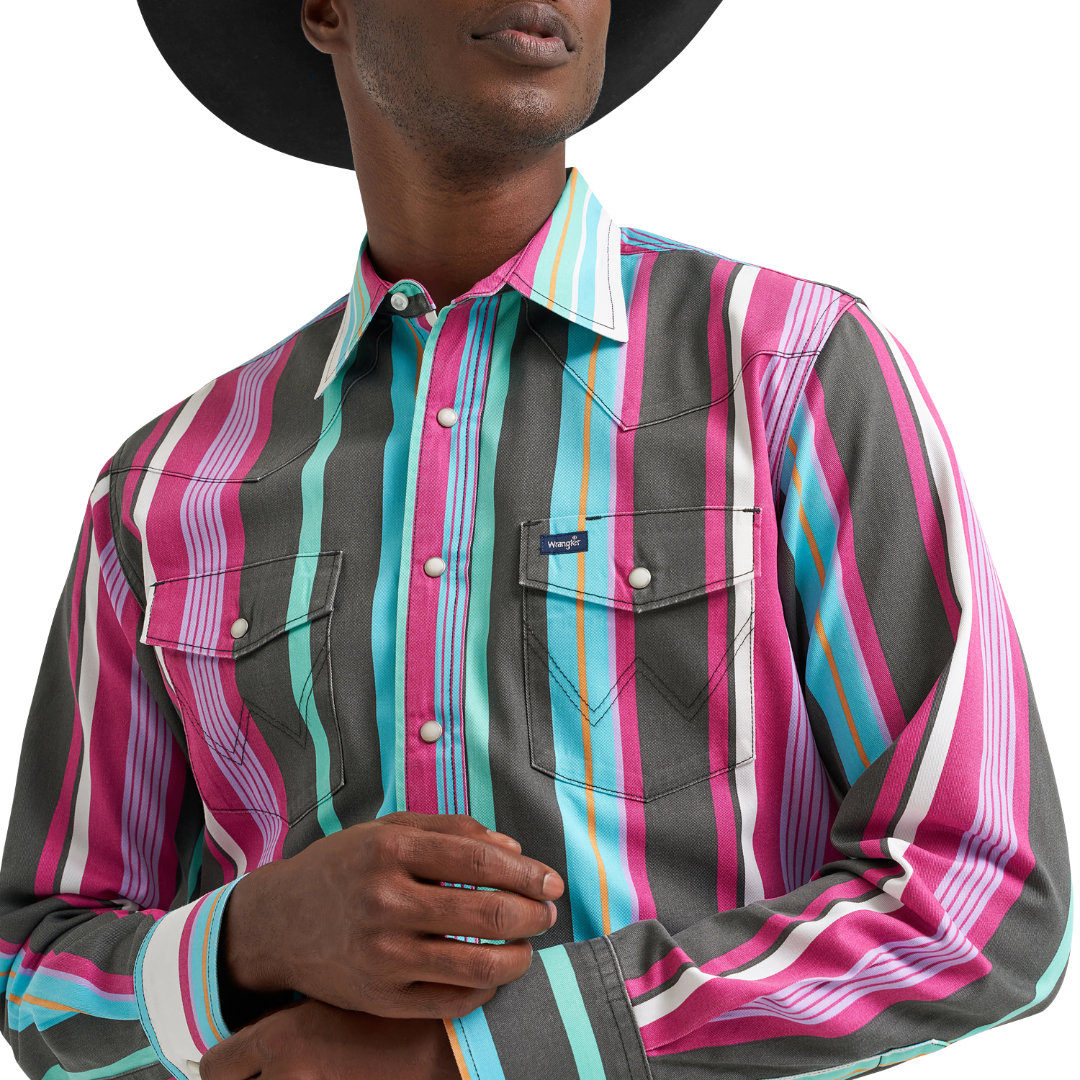 Wrangler Men's Vintage Inspired Blue Multi Stripe Snap Shirt 112379230
