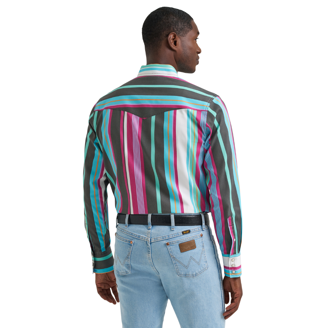Wrangler Men's Vintage Inspired Blue Multi Stripe Snap Shirt 112379230