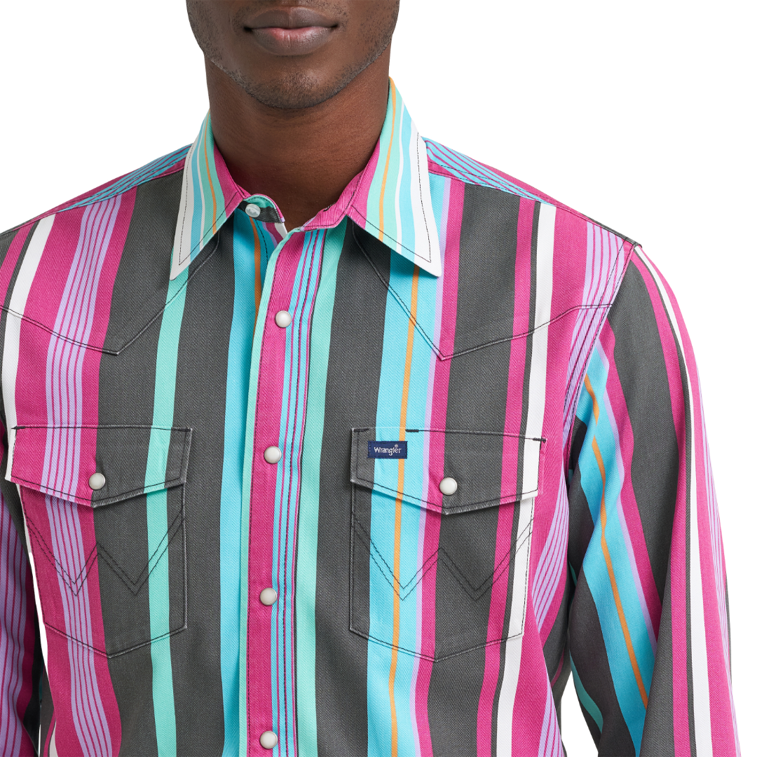 Wrangler Men's Vintage Inspired Blue Multi Stripe Snap Shirt 112379230