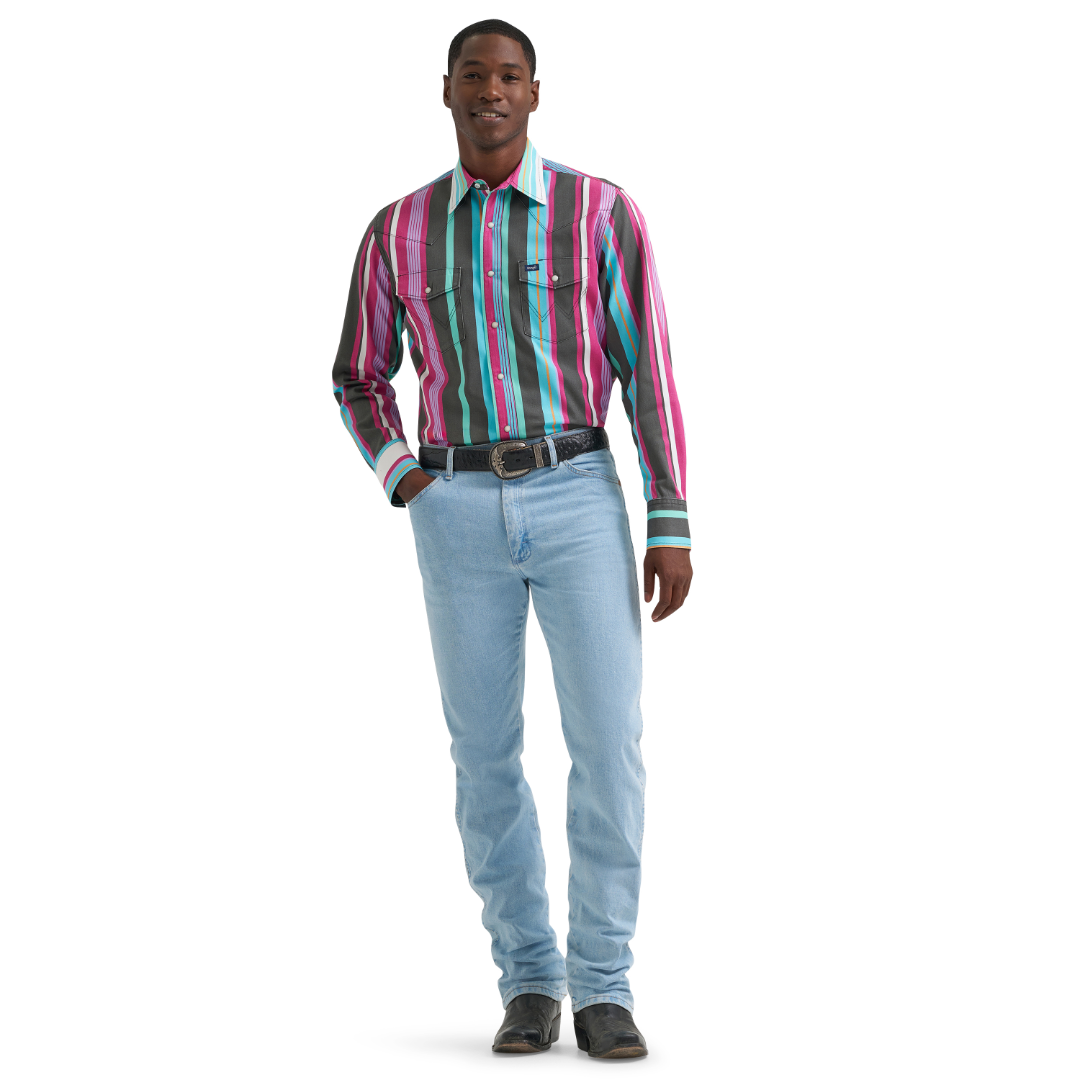 Wrangler Men's Vintage Inspired Blue Multi Stripe Snap Shirt 112379230