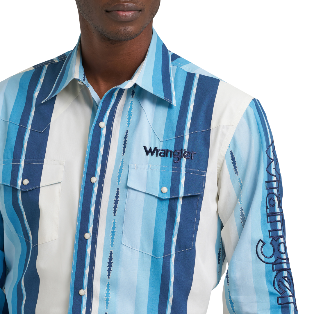 Wrangler Men's Blue Multi Stripe Logo Snap Shirt 112379239