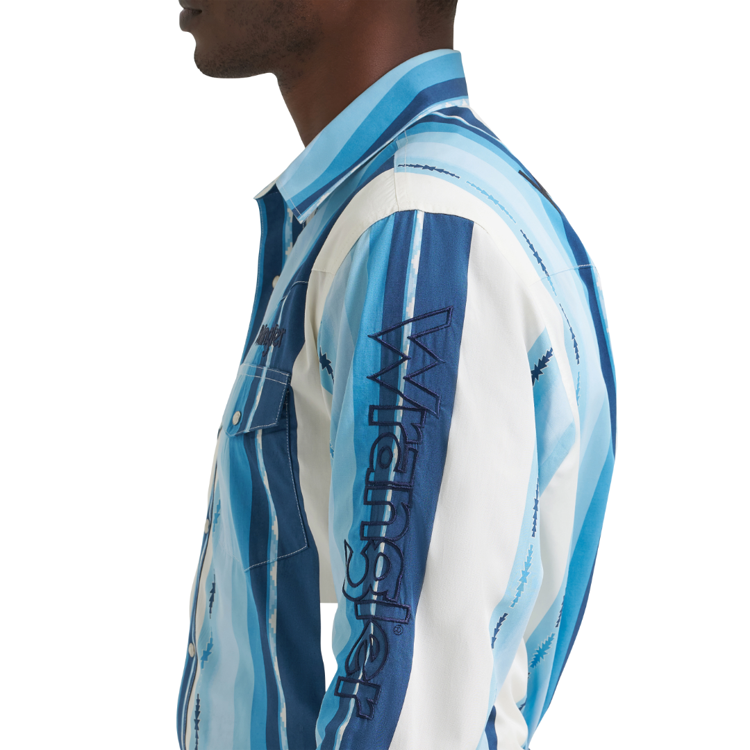 Wrangler Men's Blue Multi Stripe Logo Snap Shirt 112379239