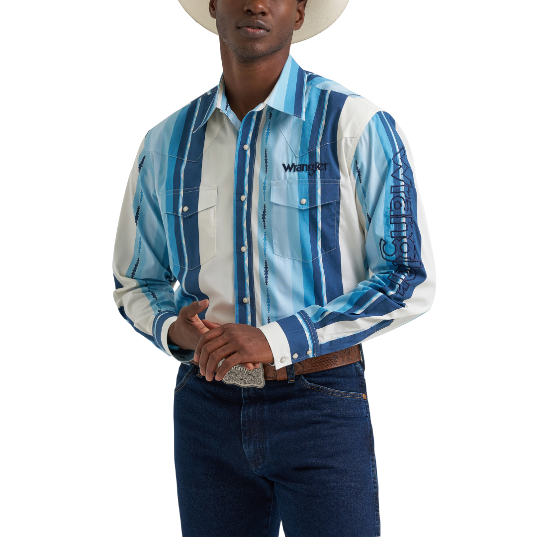 Wrangler Men's Blue Multi Stripe Logo Snap Shirt 112379239