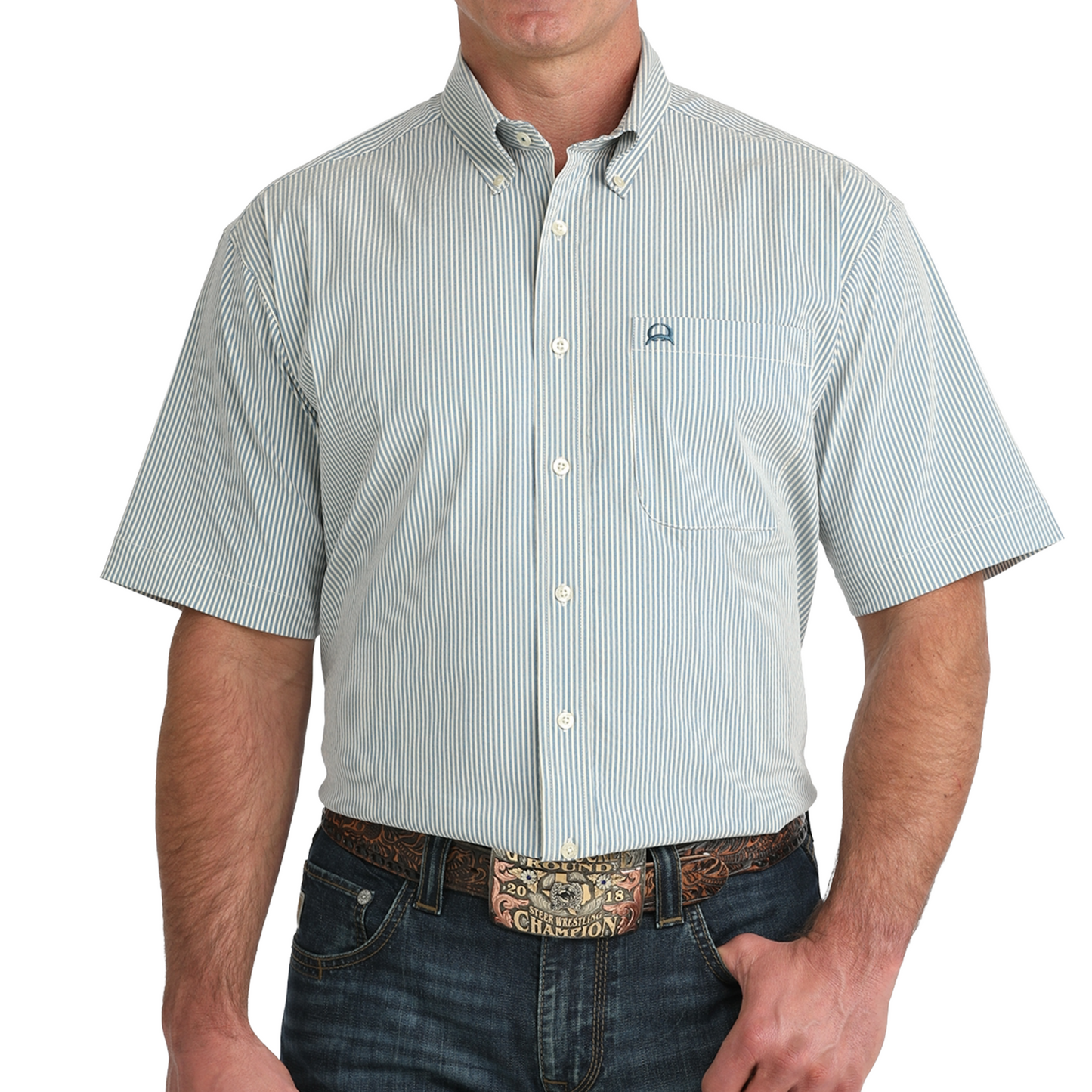 Cinch Men's Blue Striped Print Button Down Shirt MTW1704166