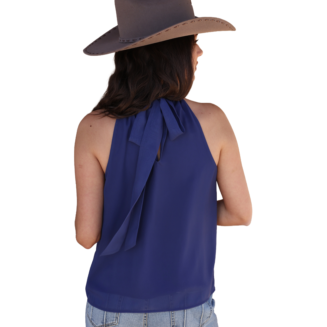 Cinch Ladies Blue Geometric Print Halter Neck Blouse CTW7511002