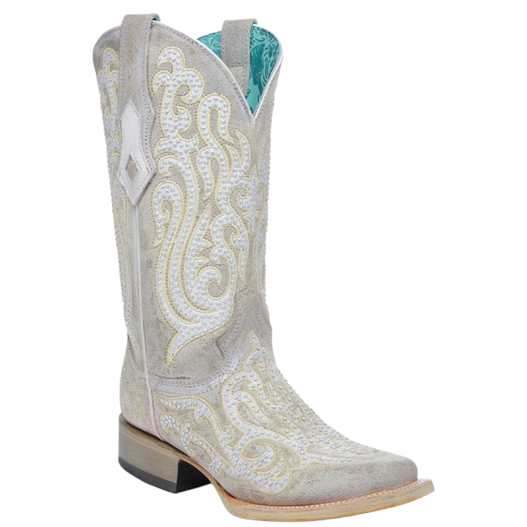Corral Ladies White Embroidery & Crystals Square Toe Western Boot A4705