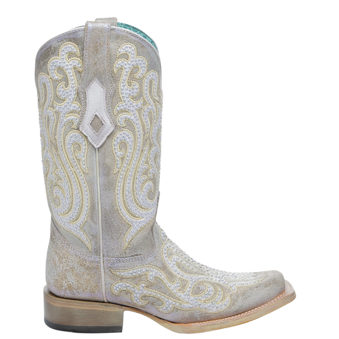 Corral Ladies White Embroidery & Crystals Square Toe Western Boot A4705