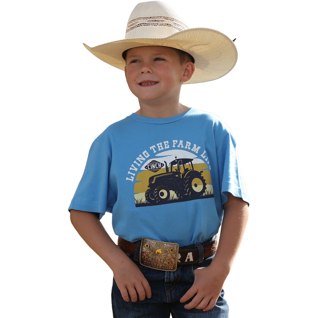 Cinch Youth Boy's Blue 'Living The Farm Life' Graphic T-Shirt MTT7670180