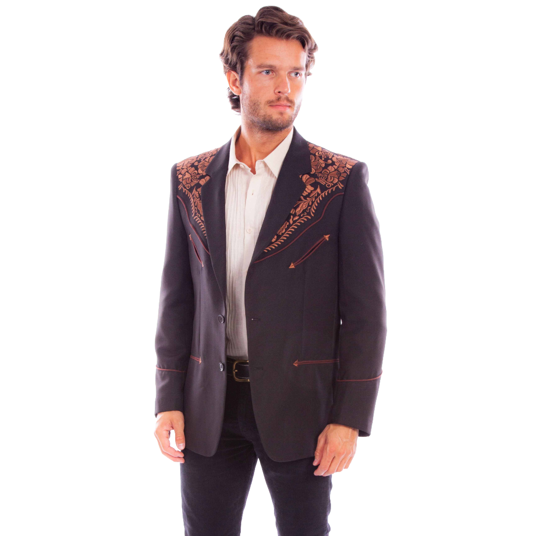 Scully Men's Floral Embossed Black & Brown Button Down Blazer P-916-BBR - Wild West Boot Store
