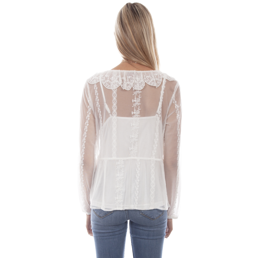 Scully Ladies Embroidered Mesh White Tie Front Top HC747-WHT - Wild West Boot Store