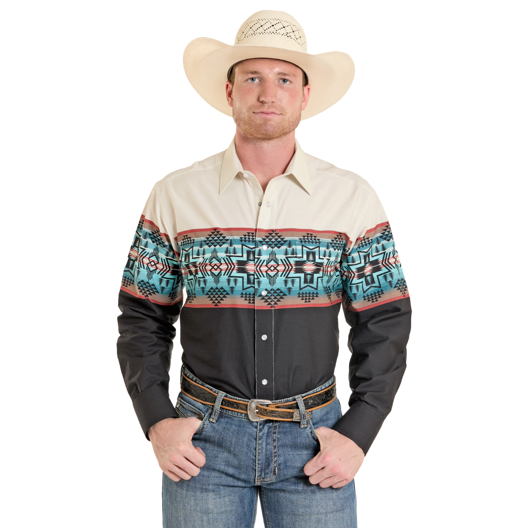 Rock & Roll Cowboy Men's Tan Border Print Snap Shirt SMN2S08294 - Wild West Boot Store
