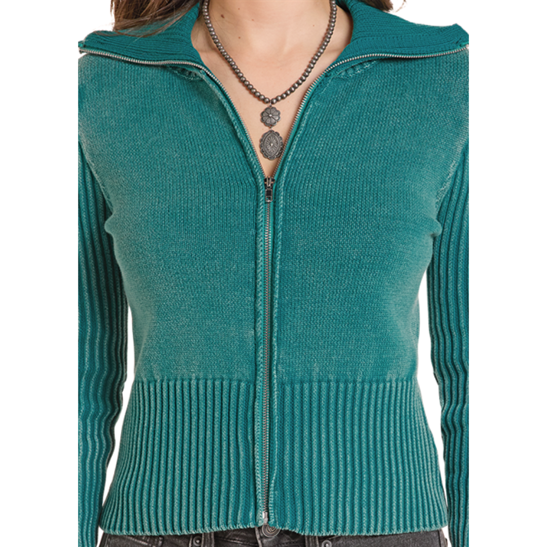 Rock & Roll Denim Ladies Ribbed Knit Peacock Zip Sweater BW32T10009-84