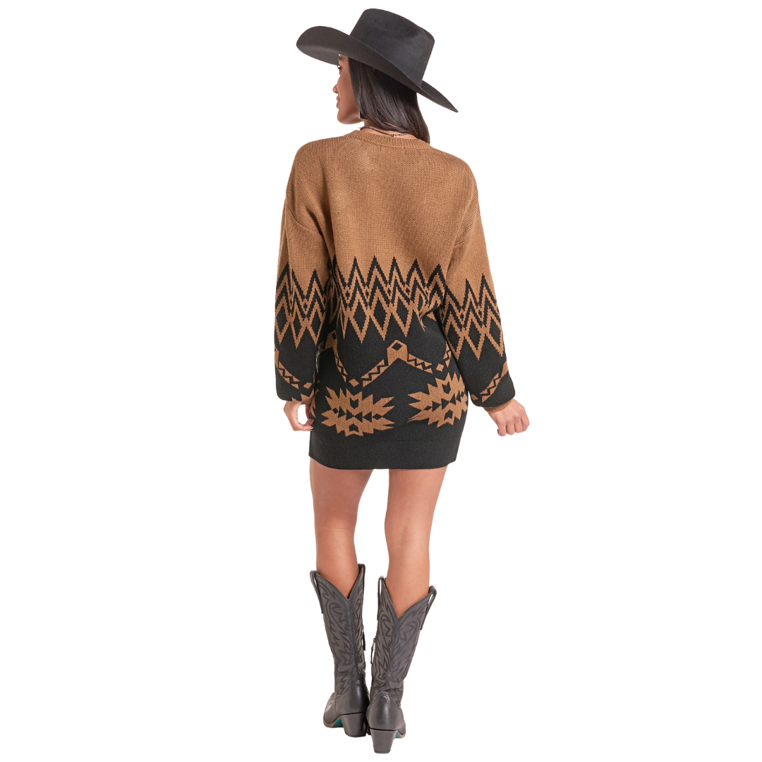 Rock & Roll Denim Ladies Caramel Aztec Knit Sweater Dress BWD2R10021
