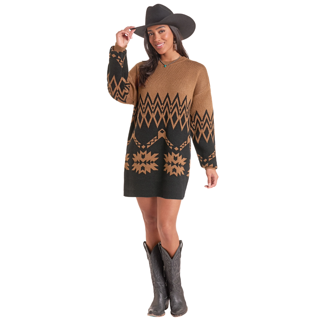 Rock & Roll Denim Ladies Caramel Aztec Knit Sweater Dress BWD2R10021