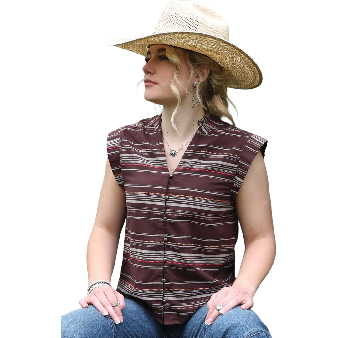 Cruel Girl Ladies Brown Striped Rouleau Button Blouse CTW7538001