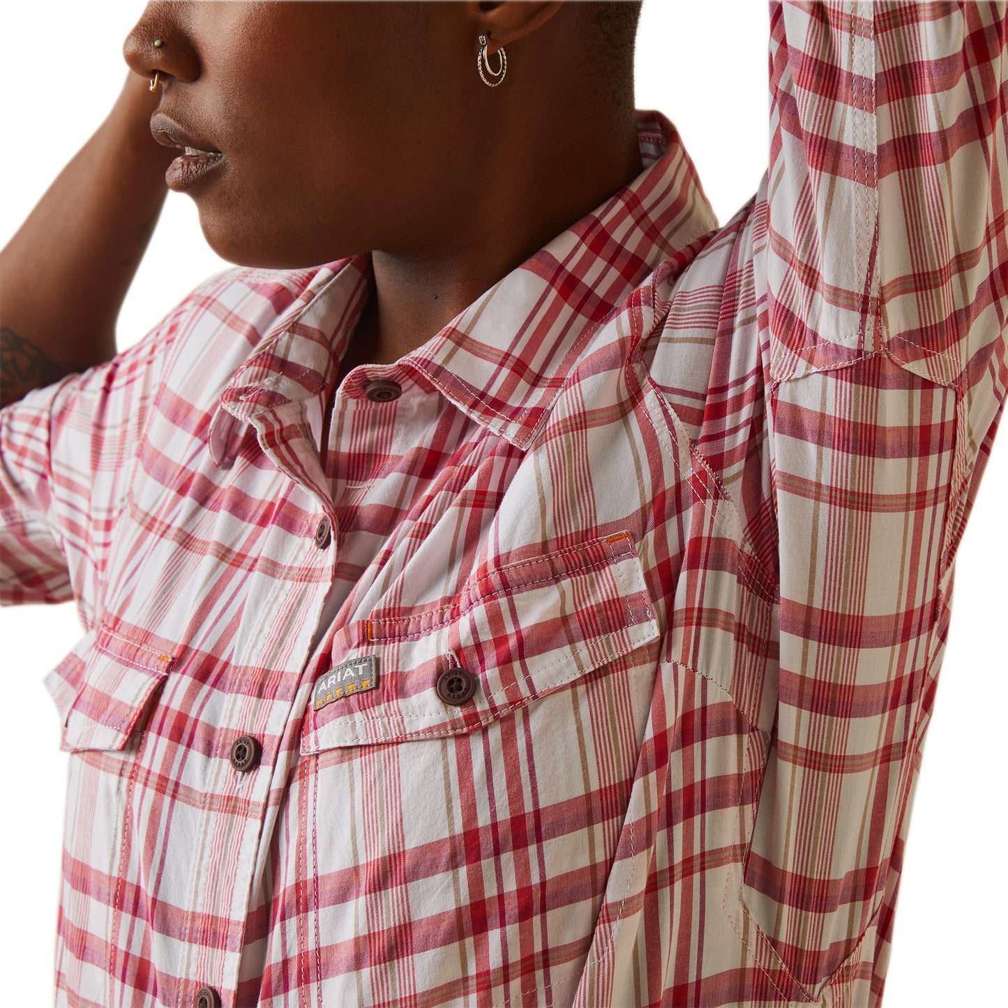 Ariat Ladies Rebar Made Tough Cherries Jubilee Plaid DuraStretch Work Shirt 10044346