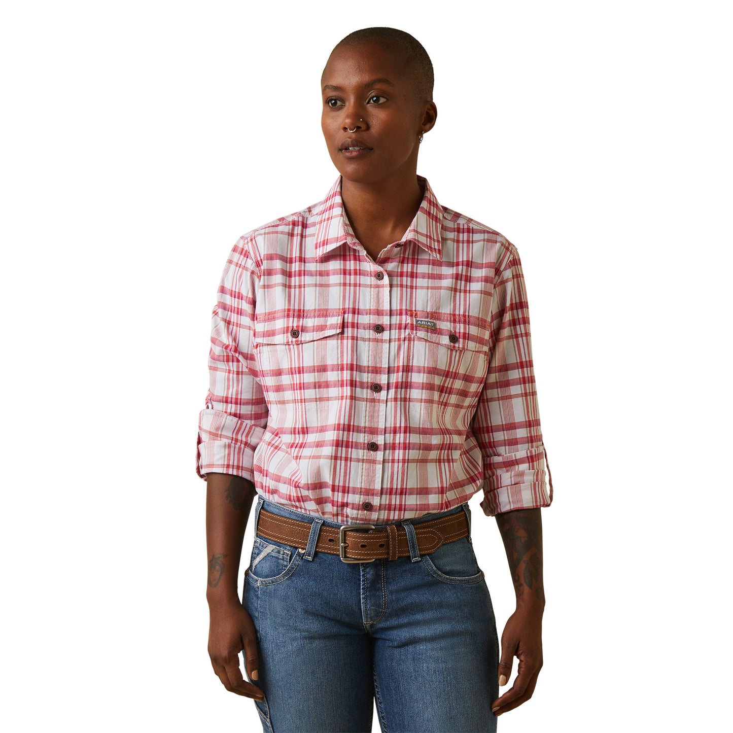 Ariat Ladies Rebar Made Tough Cherries Jubilee Plaid DuraStretch Work Shirt 10044346