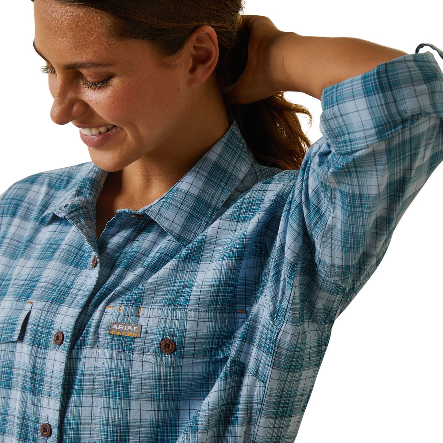 Ariat Ladies Clear Sky Plaid Blue Rebar Made Tough DuraStretch Work Shirt 10044347