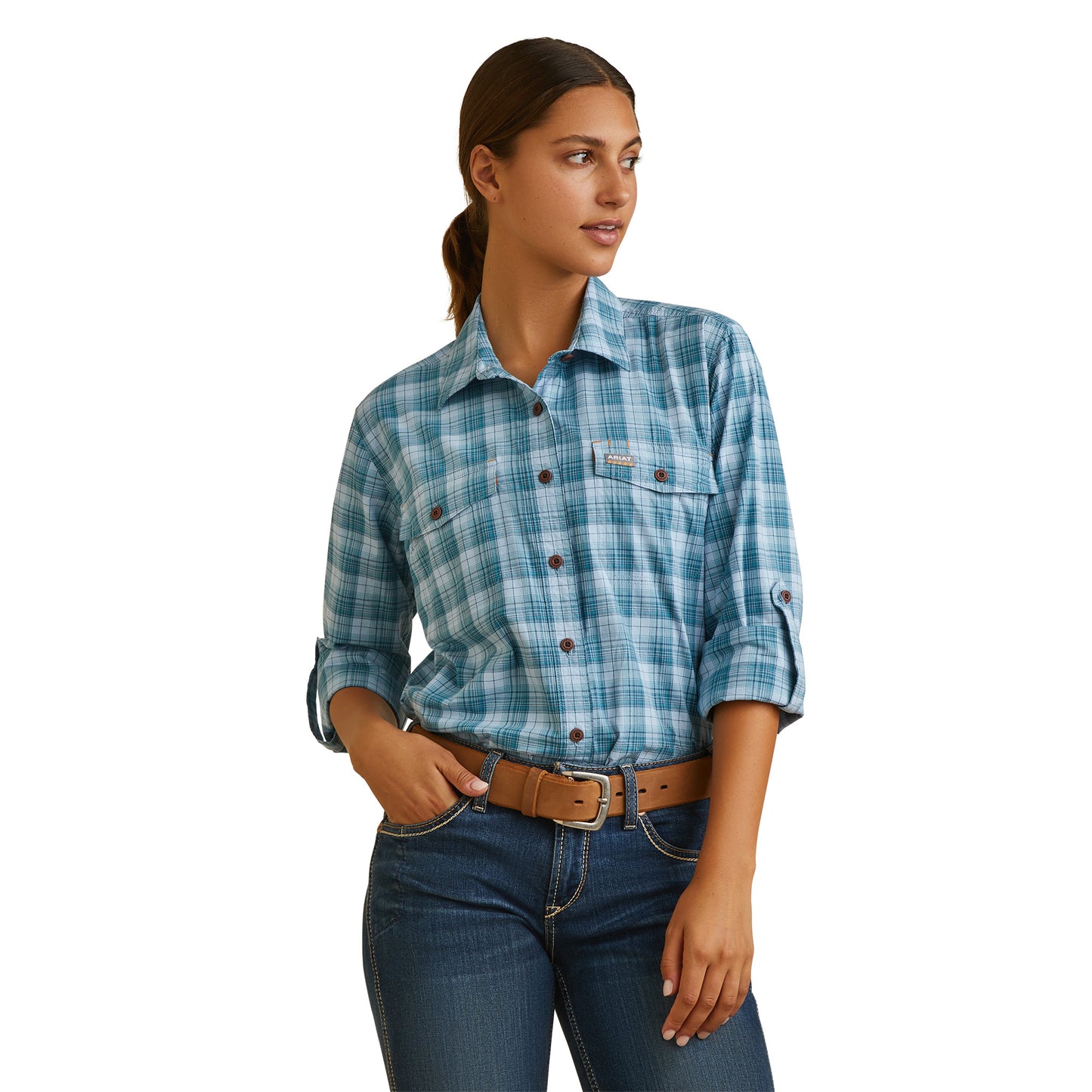 Ariat Ladies Clear Sky Plaid Blue Rebar Made Tough DuraStretch Work Shirt 10044347