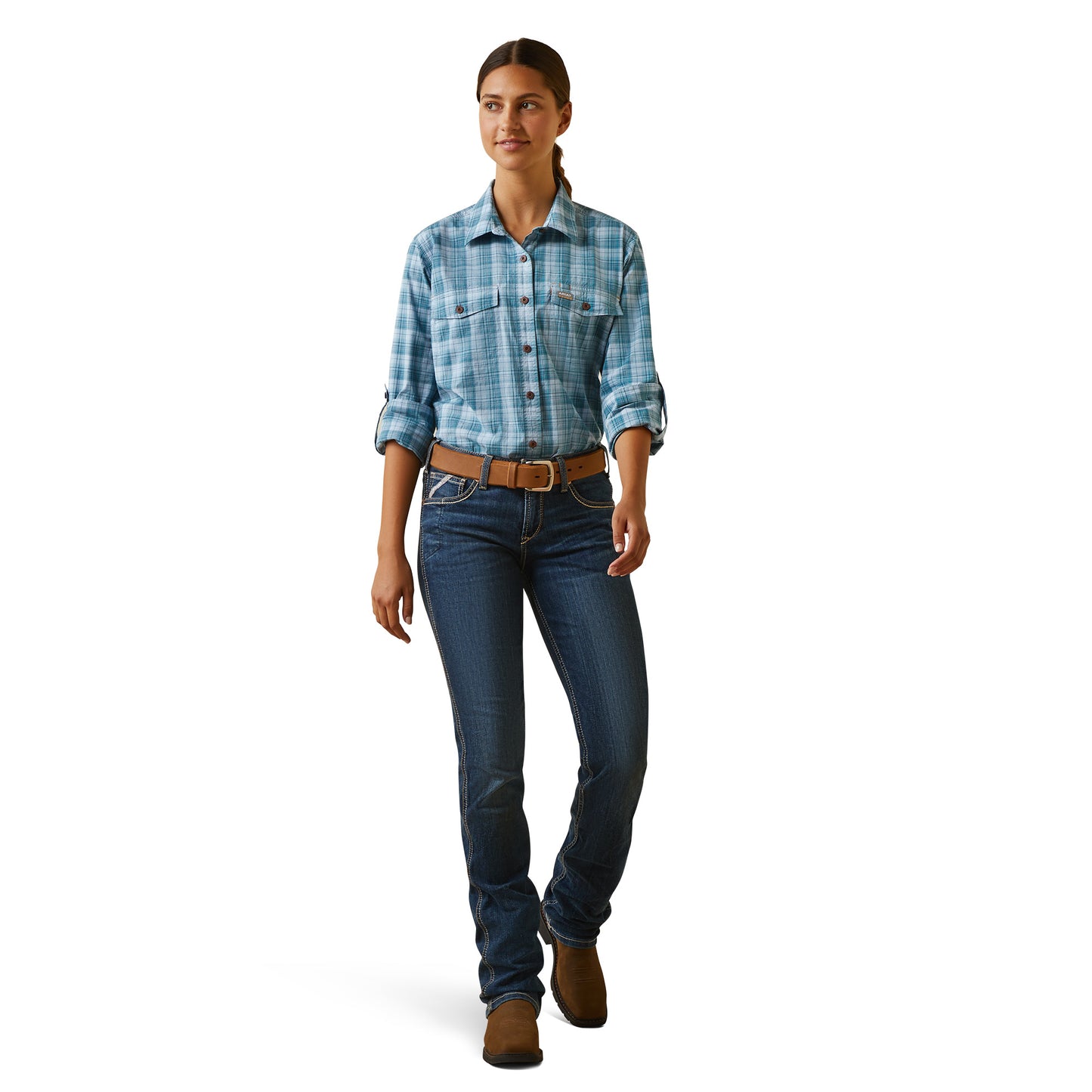 Ariat Ladies Clear Sky Plaid Blue Rebar Made Tough DuraStretch Work Shirt 10044347